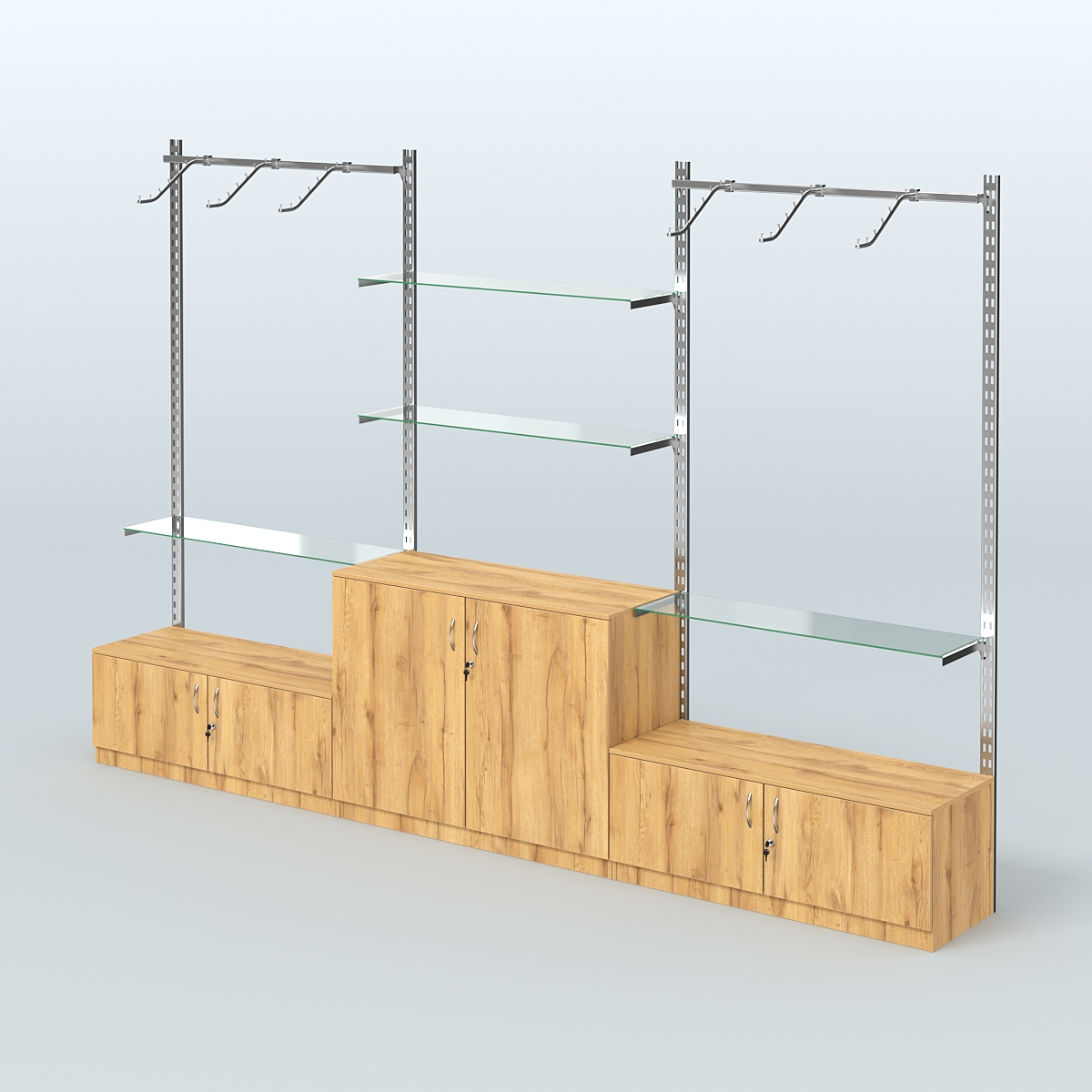 Система ГЛОБАЛ трех-секционная с поручнями, прозрачными полками и тумбами Т21 и Т23 №4 (3600 мм) Дуб Золотистый