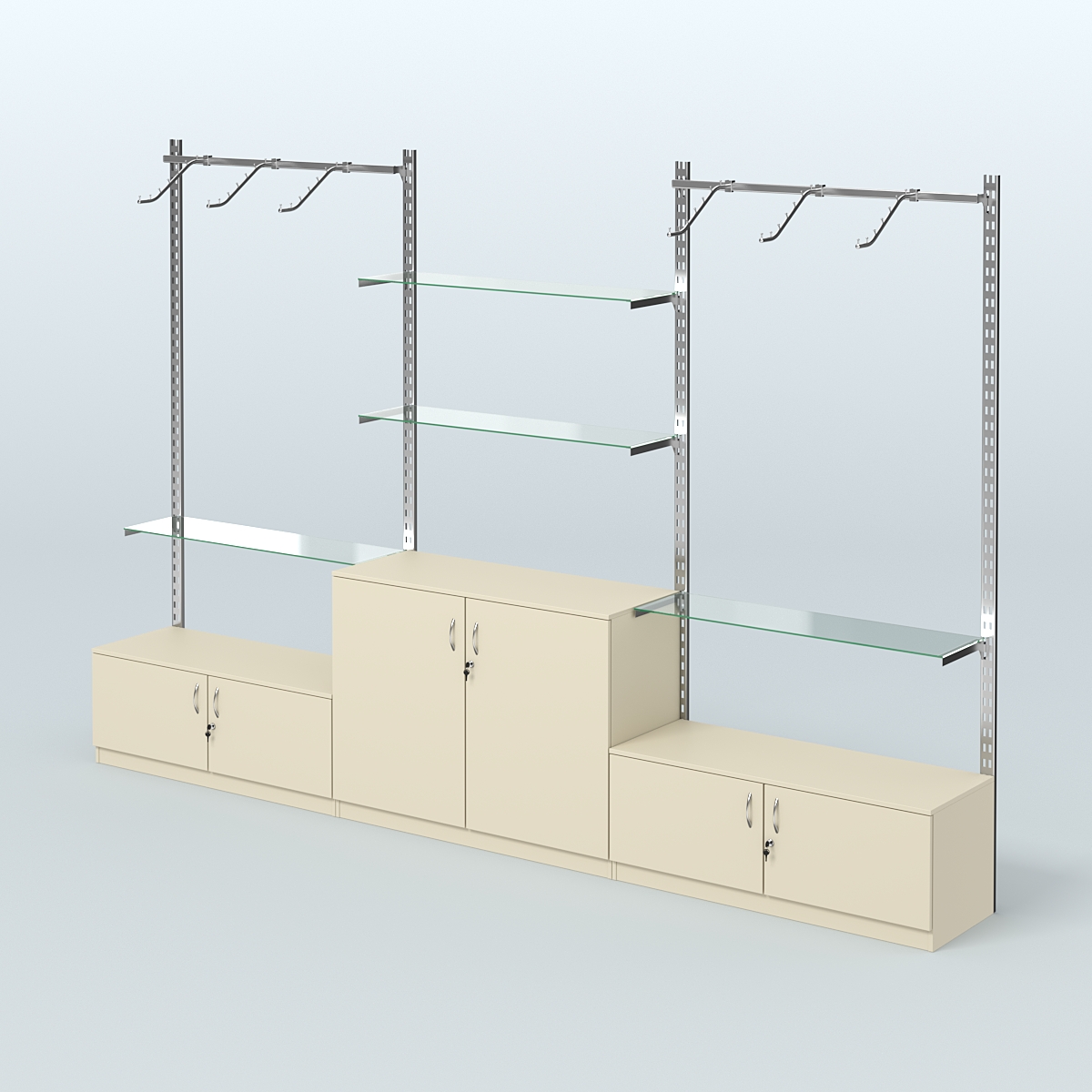 Система ГЛОБАЛ трех-секционная с поручнями, прозрачными полками и тумбами Т21 и Т23 №4 (3600 мм) Крем Вайс