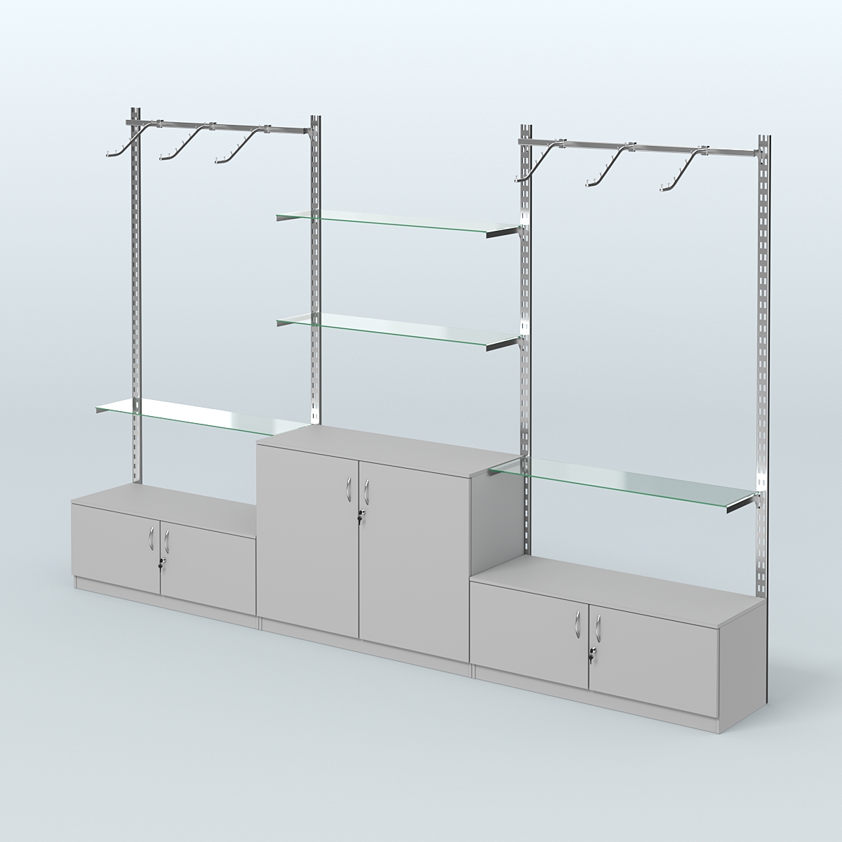 Система ГЛОБАЛ трех-секционная с поручнями, прозрачными полками и тумбами Т21 и Т23 №4 (3600 мм) Серый