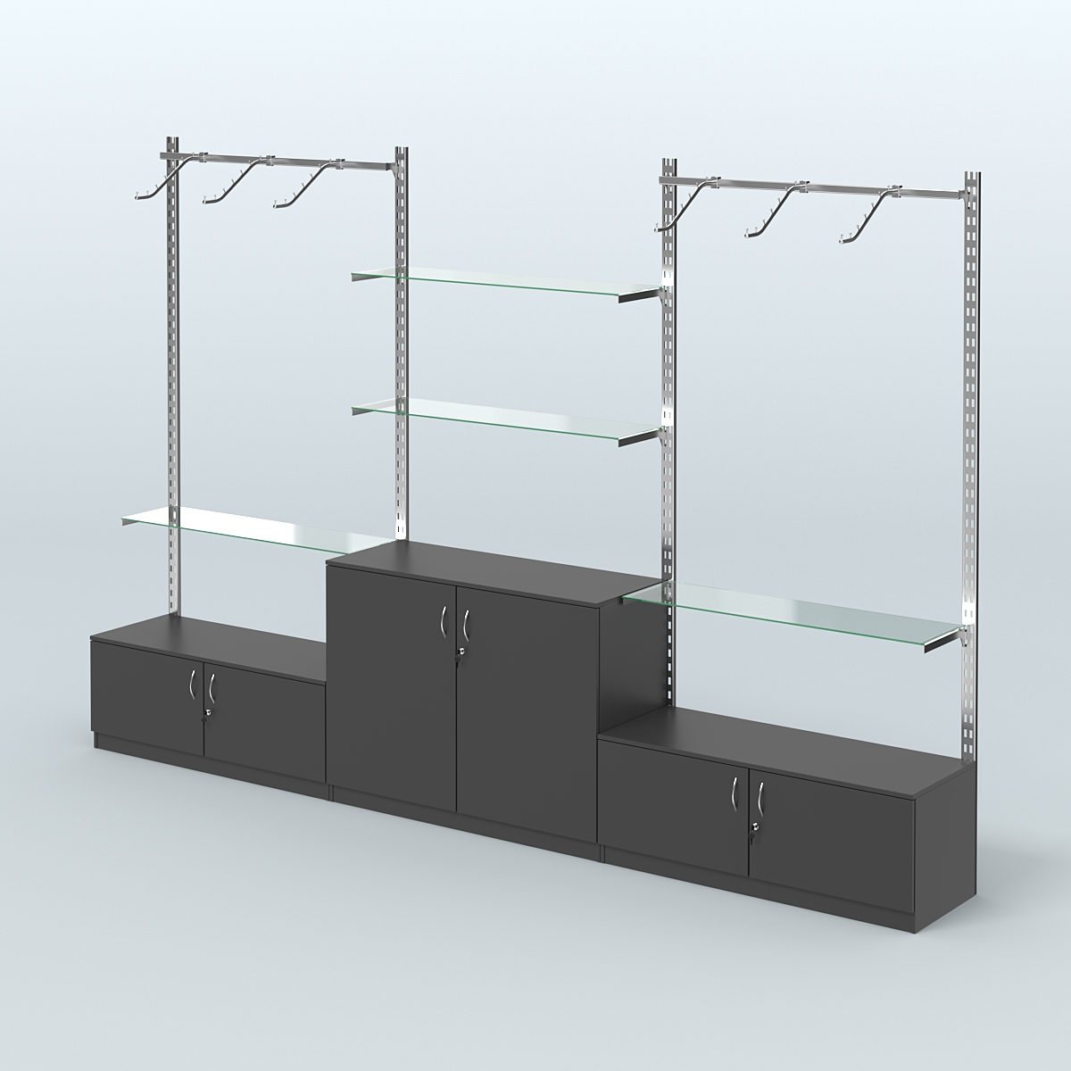 Система ГЛОБАЛ трех-секционная с поручнями, прозрачными полками и тумбами Т21 и Т23 №4 (3600 мм) Черный