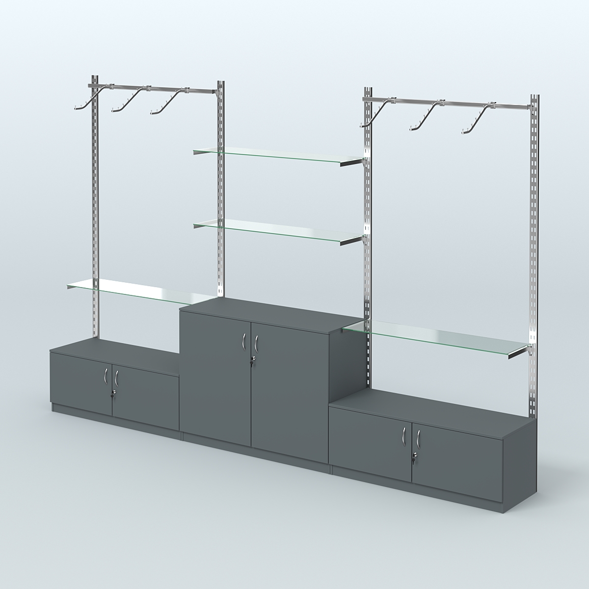 Система ГЛОБАЛ трех-секционная с поручнями, прозрачными полками и тумбами Т21 и Т23 №4 (3600 мм) Темно-Серый