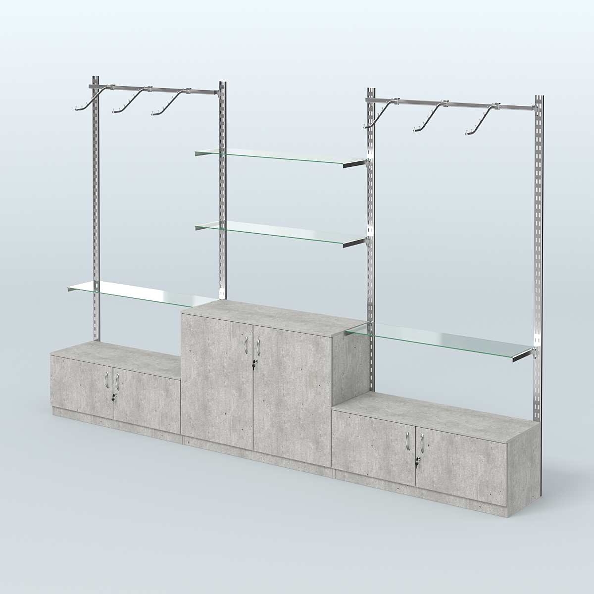 Система ГЛОБАЛ трех-секционная с поручнями, прозрачными полками и тумбами Т21 и Т23 №4 (3600 мм) Метрополитан Грей