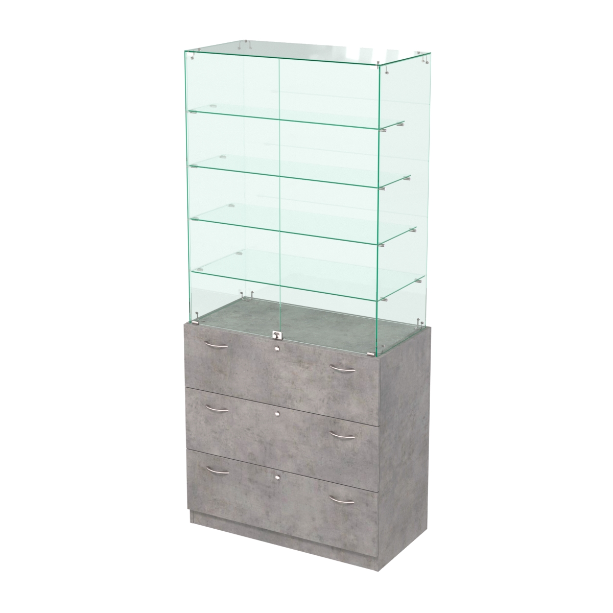 Прилавок с четырьмя стеклянными полками и выдвижными ящиками Селена-109 Бетон Чикаго светло-серый F186 ST9