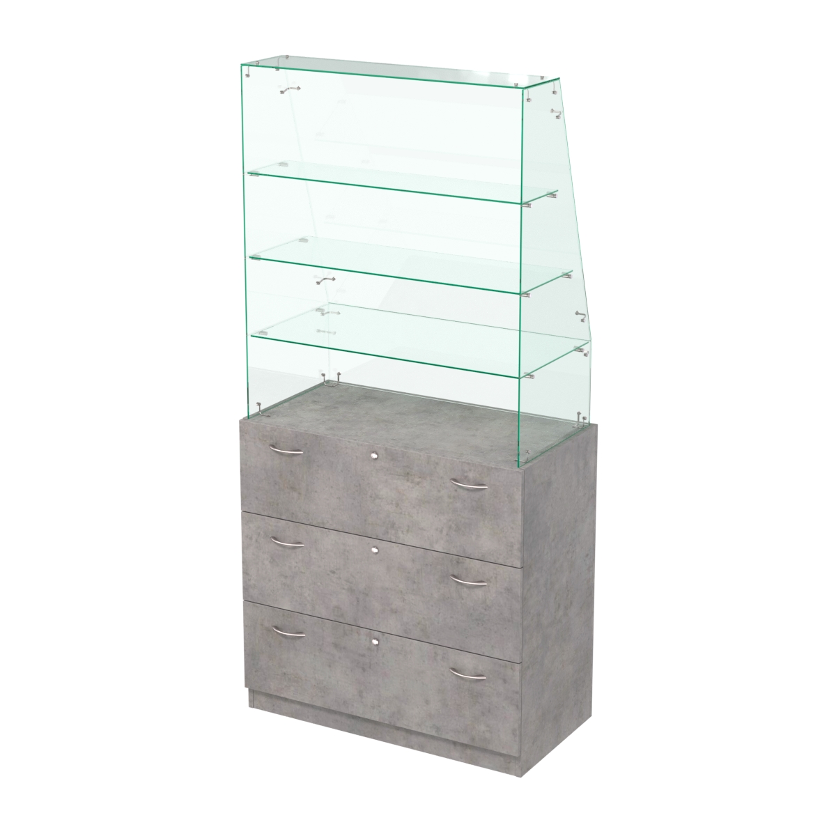 Прилавок с наклонным фасадным стеклом Селена-15 Бетон Чикаго светло-серый F186 ST9