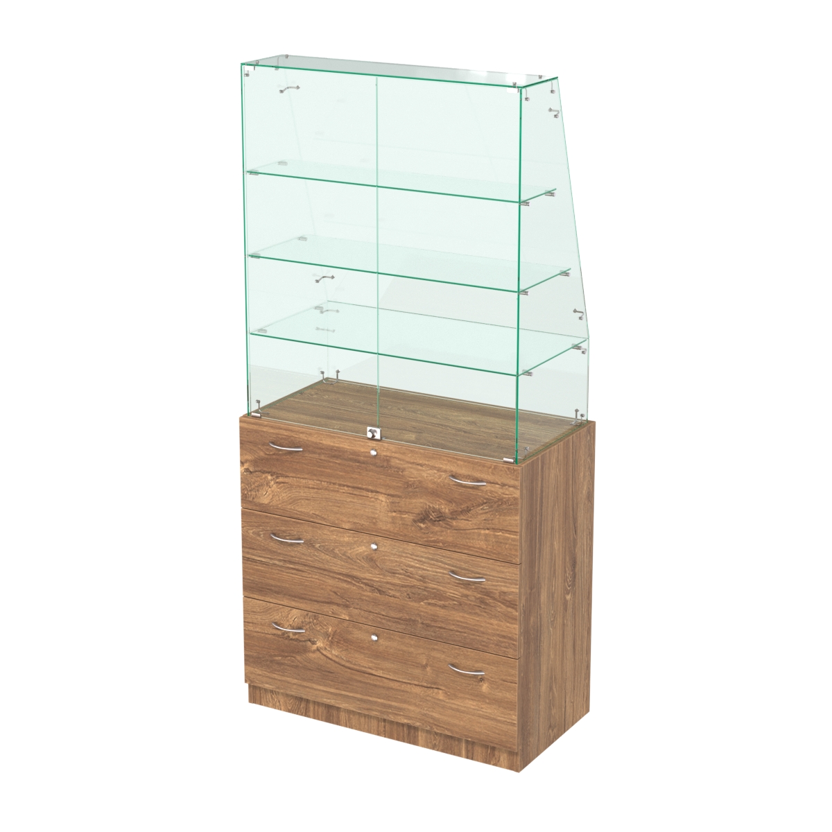 Закрытый прилавок с наклонным фасадным стеклом Селена-115 Дуб Канзас коричневый