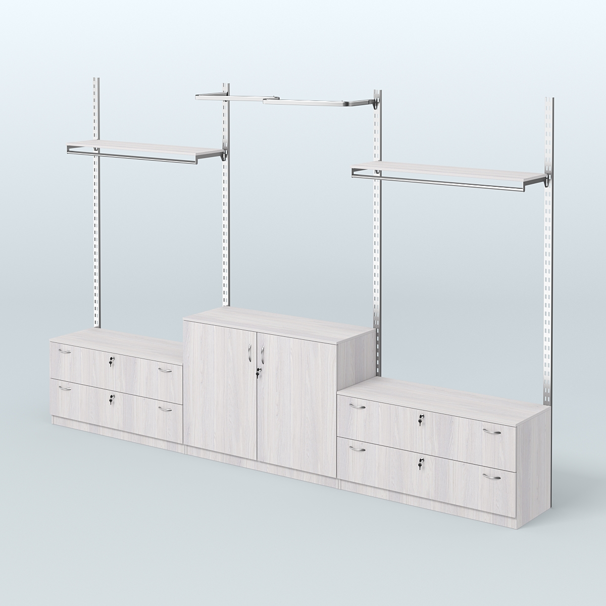 Система ГЛОБАЛ с М-образным и сборными поручнями с полками и тумбами Т12 и Т23 №7 (3600 мм) Ясень Анкор светлый