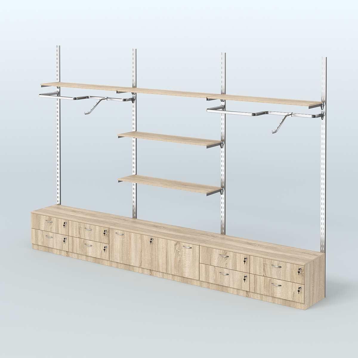 Система ГЛОБАЛ с Р-поручнями, полками из ДСП и тумбами Т14 и Т11 №9 (3600 мм) Дуб Сонома