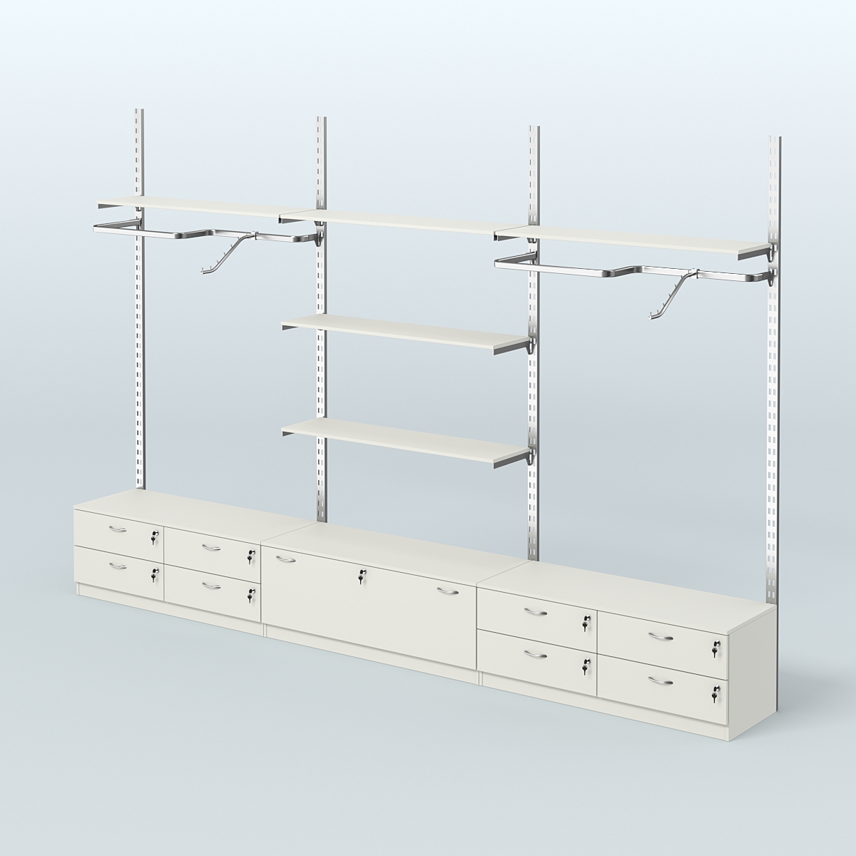 Система ГЛОБАЛ с Р-поручнями, полками из ДСП и тумбами Т14 и Т11 №9 (3600 мм) Белый