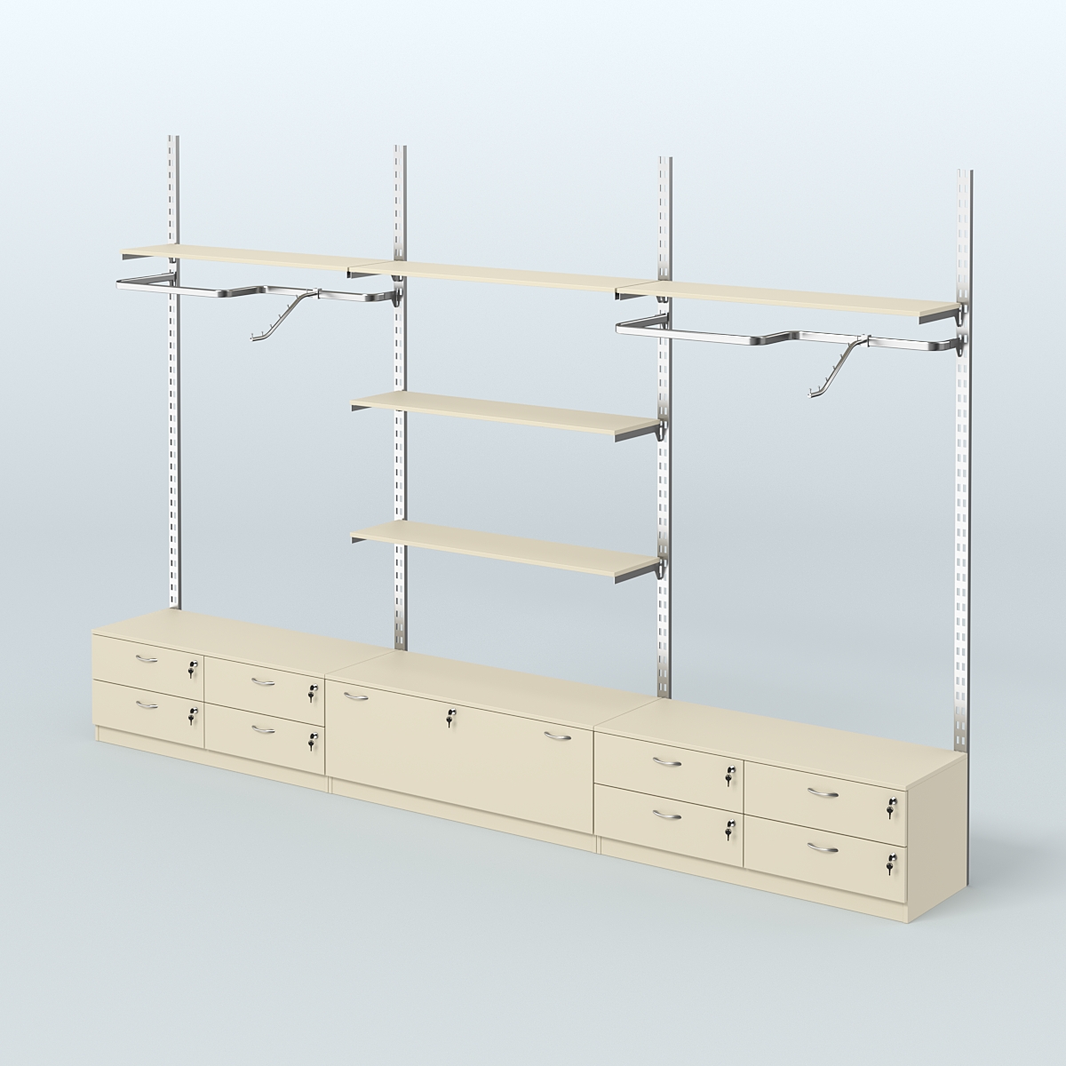 Система ГЛОБАЛ с Р-поручнями, полками из ДСП и тумбами Т14 и Т11 №9 (3600 мм) Крем Вайс