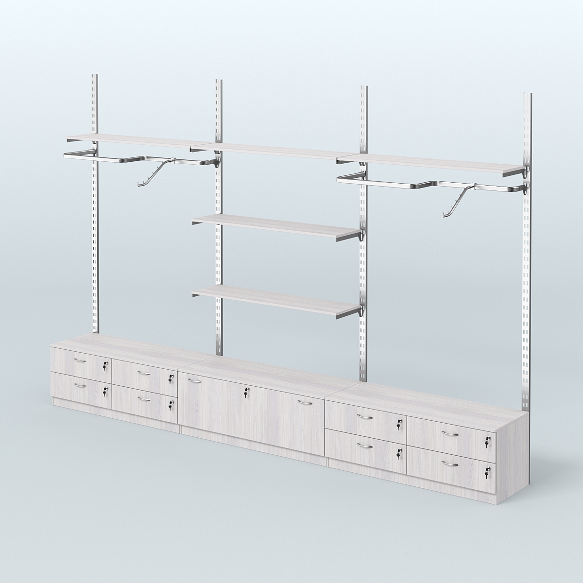 Система ГЛОБАЛ с Р-поручнями, полками из ДСП и тумбами Т14 и Т11 №9 (3600 мм) Ясень Анкор светлый