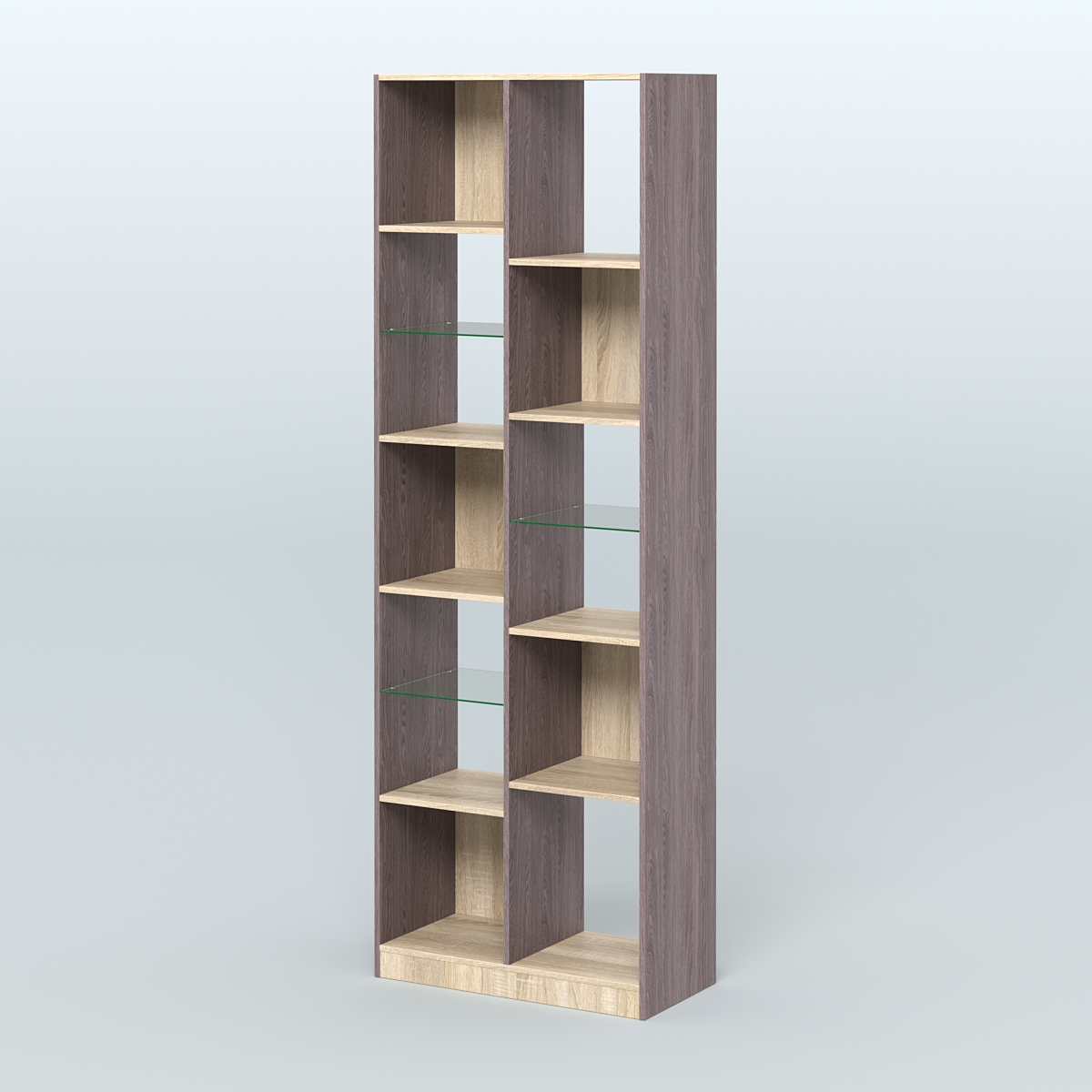 Стеллаж из ДСП серии ЛОФТ №8-3 с полками стекло 5 мм Ясень Анкор темный и Дуб Сонома
