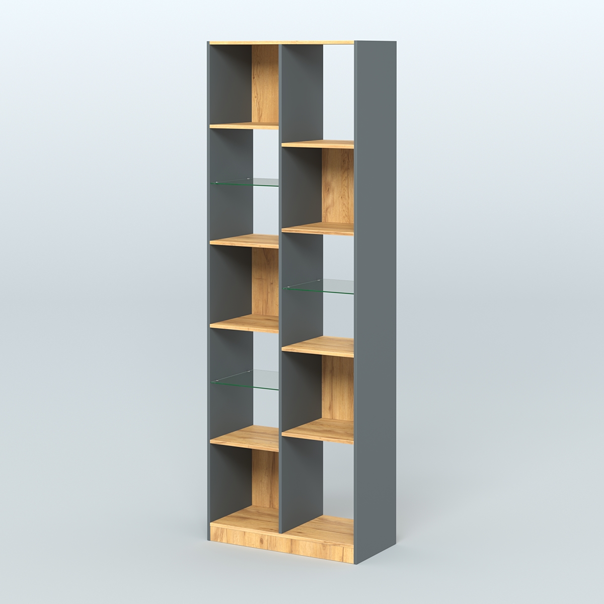 Стеллаж из ДСП серии ЛОФТ №8-3 с полками стекло 5 мм Темно-Серый  + Дуб Золотистый