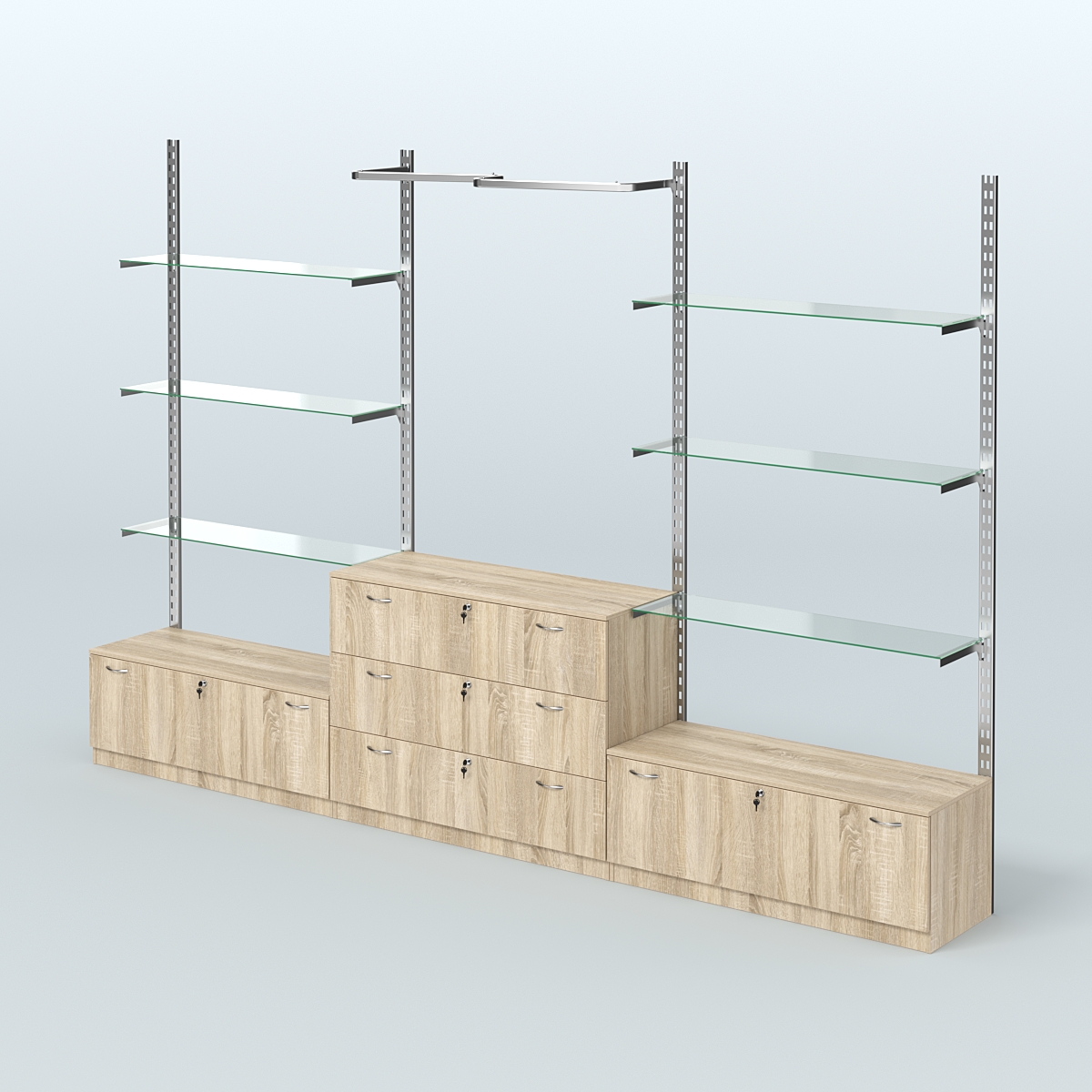 Система ГЛОБАЛ с полками из прозрачного стекла, М-образным поручнем и тумбами Т11 и Т13 №12 (3600 мм) Дуб Сонома