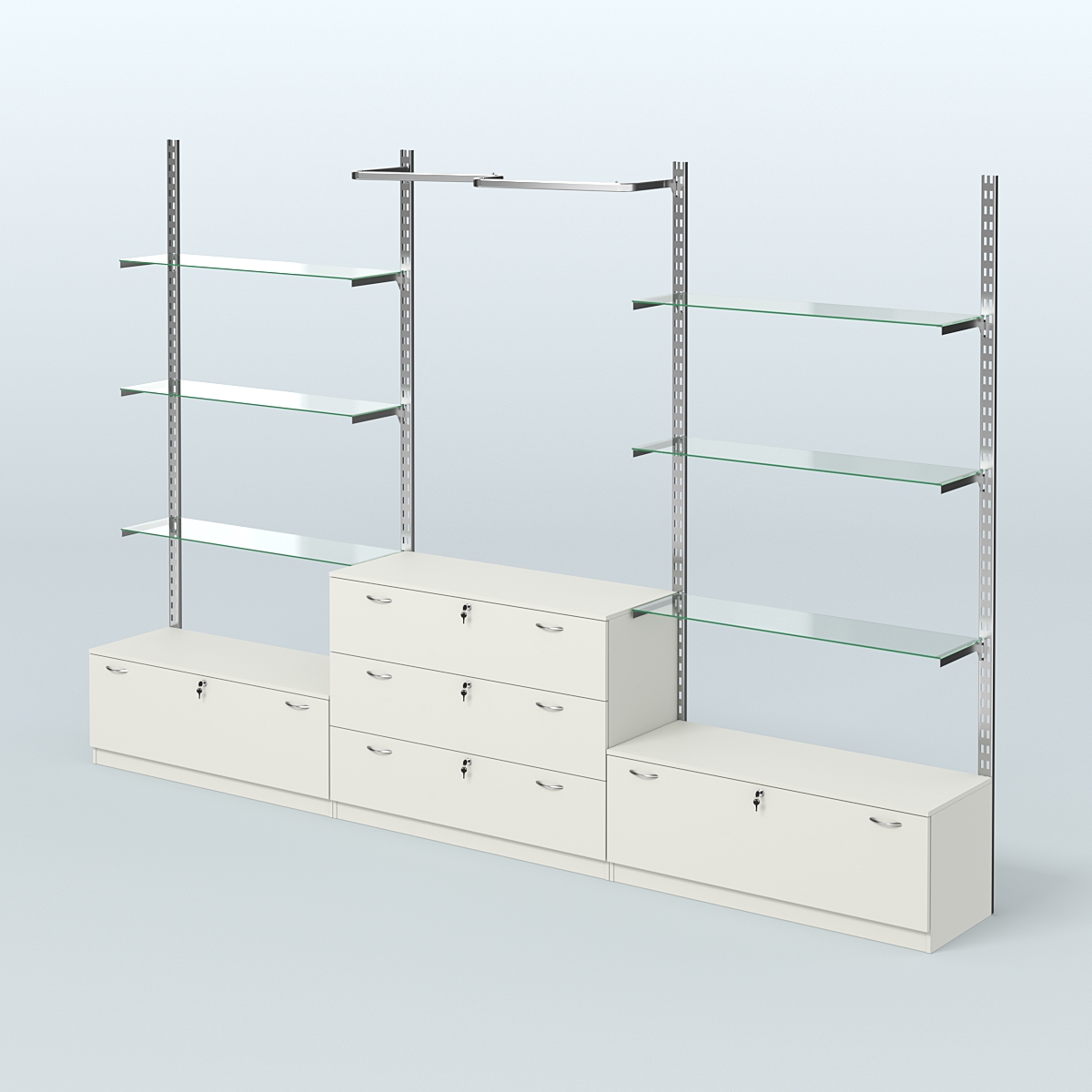 Система ГЛОБАЛ с полками из прозрачного стекла, М-образным поручнем и тумбами Т11 и Т13 №12 (3600 мм) Белый