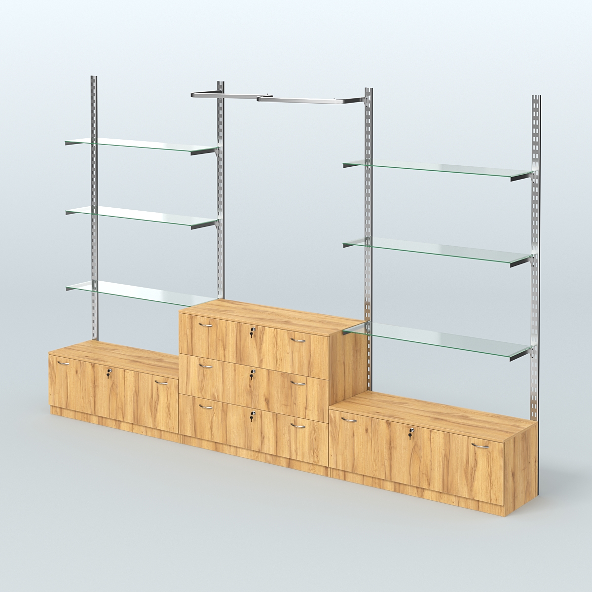 Система ГЛОБАЛ с полками из прозрачного стекла, М-образным поручнем и тумбами Т11 и Т13 №12 (3600 мм) Дуб Золотистый