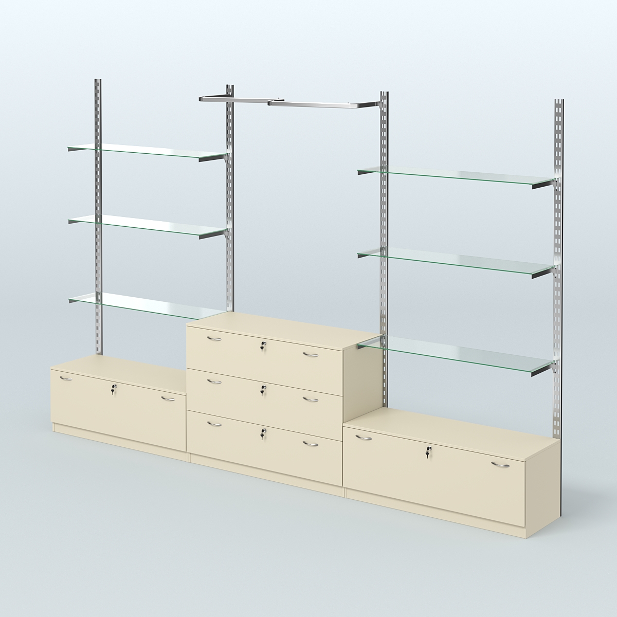 Система ГЛОБАЛ с полками из прозрачного стекла, М-образным поручнем и тумбами Т11 и Т13 №12 (3600 мм) Крем Вайс