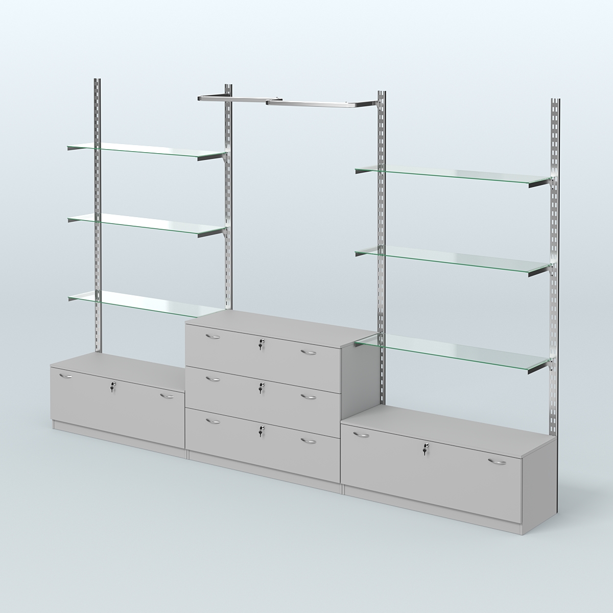 Система ГЛОБАЛ с полками из прозрачного стекла, М-образным поручнем и тумбами Т11 и Т13 №12 (3600 мм) Серый
