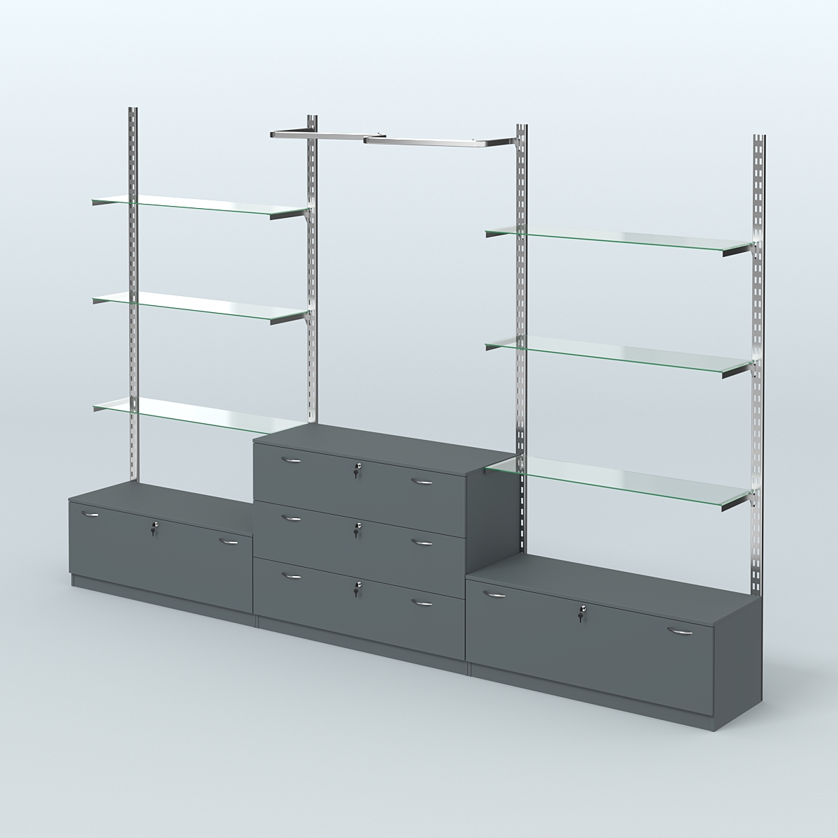 Система ГЛОБАЛ с полками из прозрачного стекла, М-образным поручнем и тумбами Т11 и Т13 №12 (3600 мм) Темно-Серый