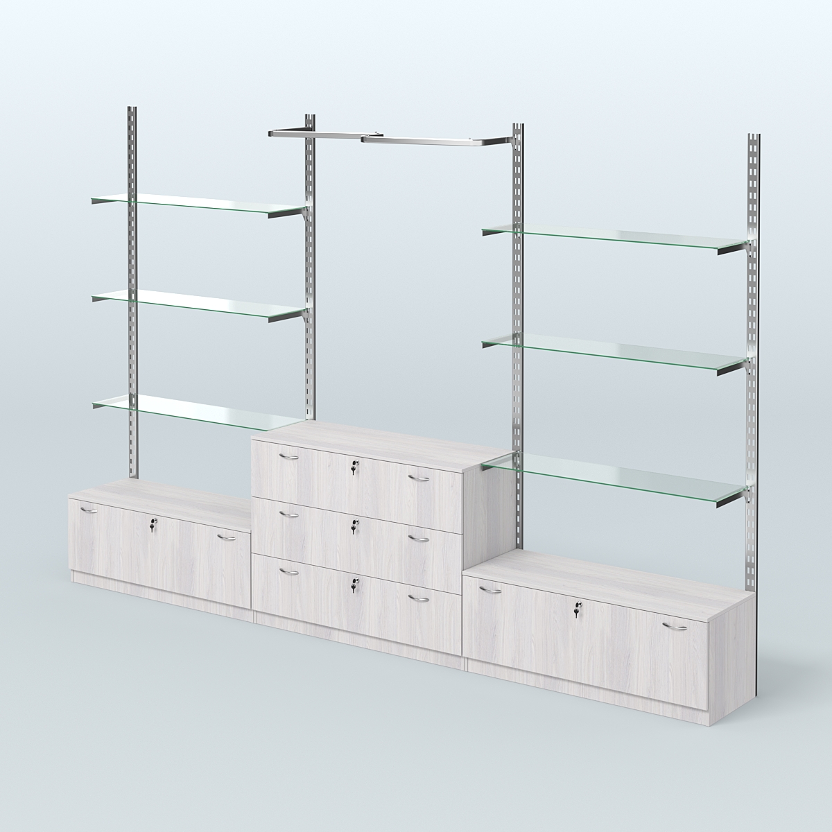 Система ГЛОБАЛ с полками из прозрачного стекла, М-образным поручнем и тумбами Т11 и Т13 №12 (3600 мм) Ясень Анкор светлый