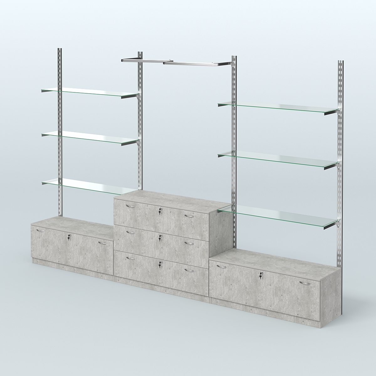 Система ГЛОБАЛ с полками из прозрачного стекла, М-образным поручнем и тумбами Т11 и Т13 №12 (3600 мм) Метрополитан Грей