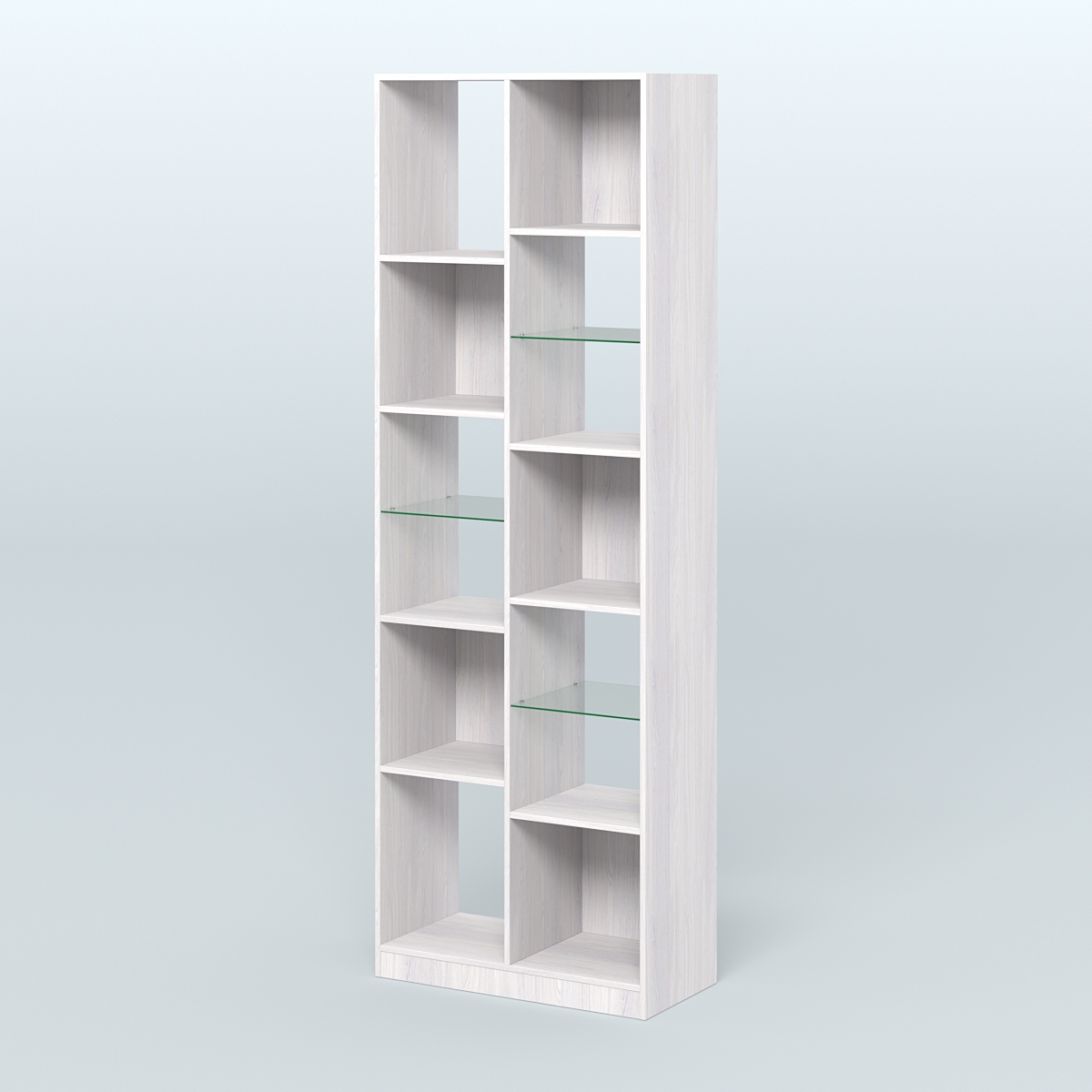 Стеллаж из ДСП серии ЛОФТ №8-3 (зеркальное отражение - Z) с полками стекло 5 мм  Ясень Анкор светлый