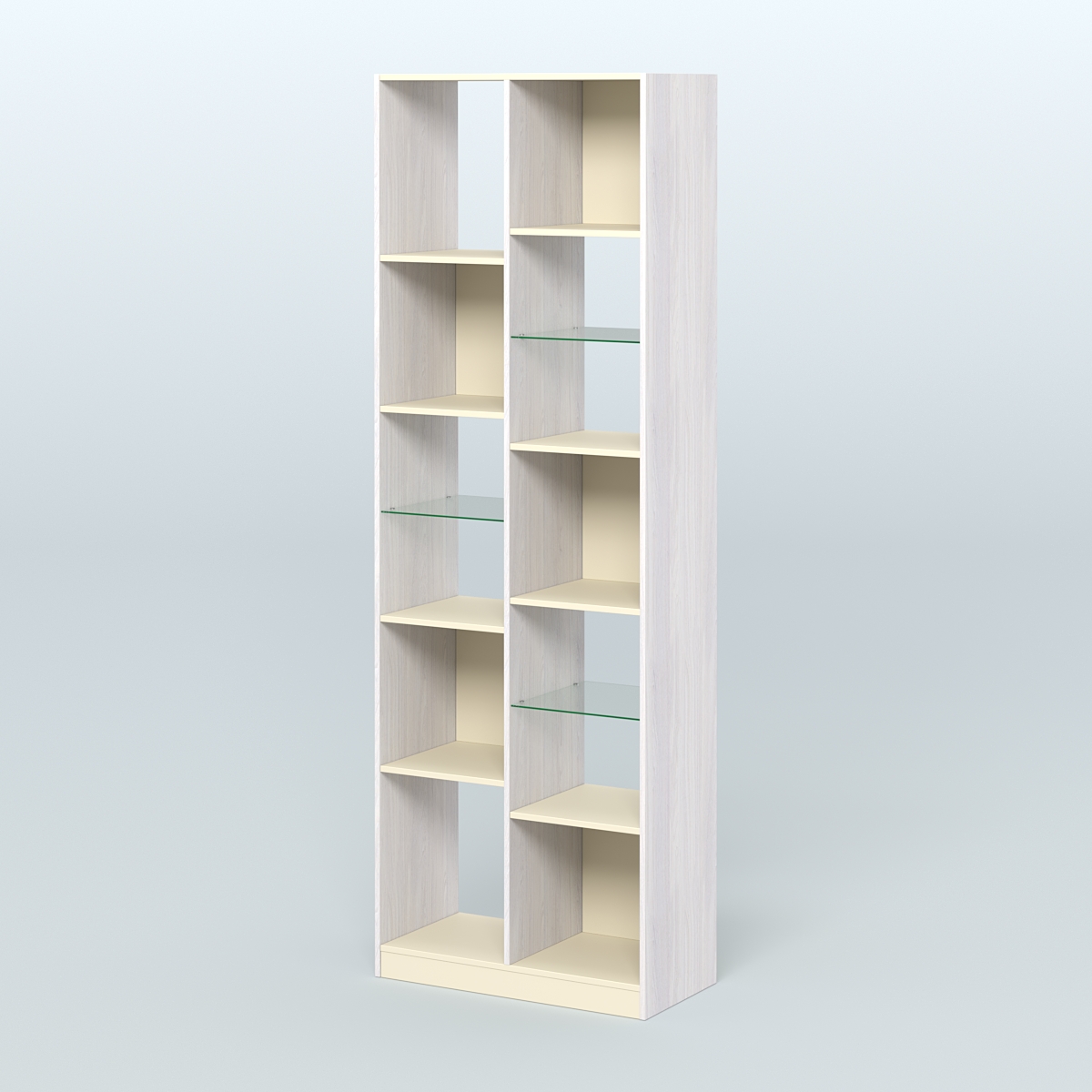 Стеллаж из ДСП серии ЛОФТ №8-3 (зеркальное отражение - Z) с полками стекло 5 мм  Ясень Анкор светлый и Крем Вайс