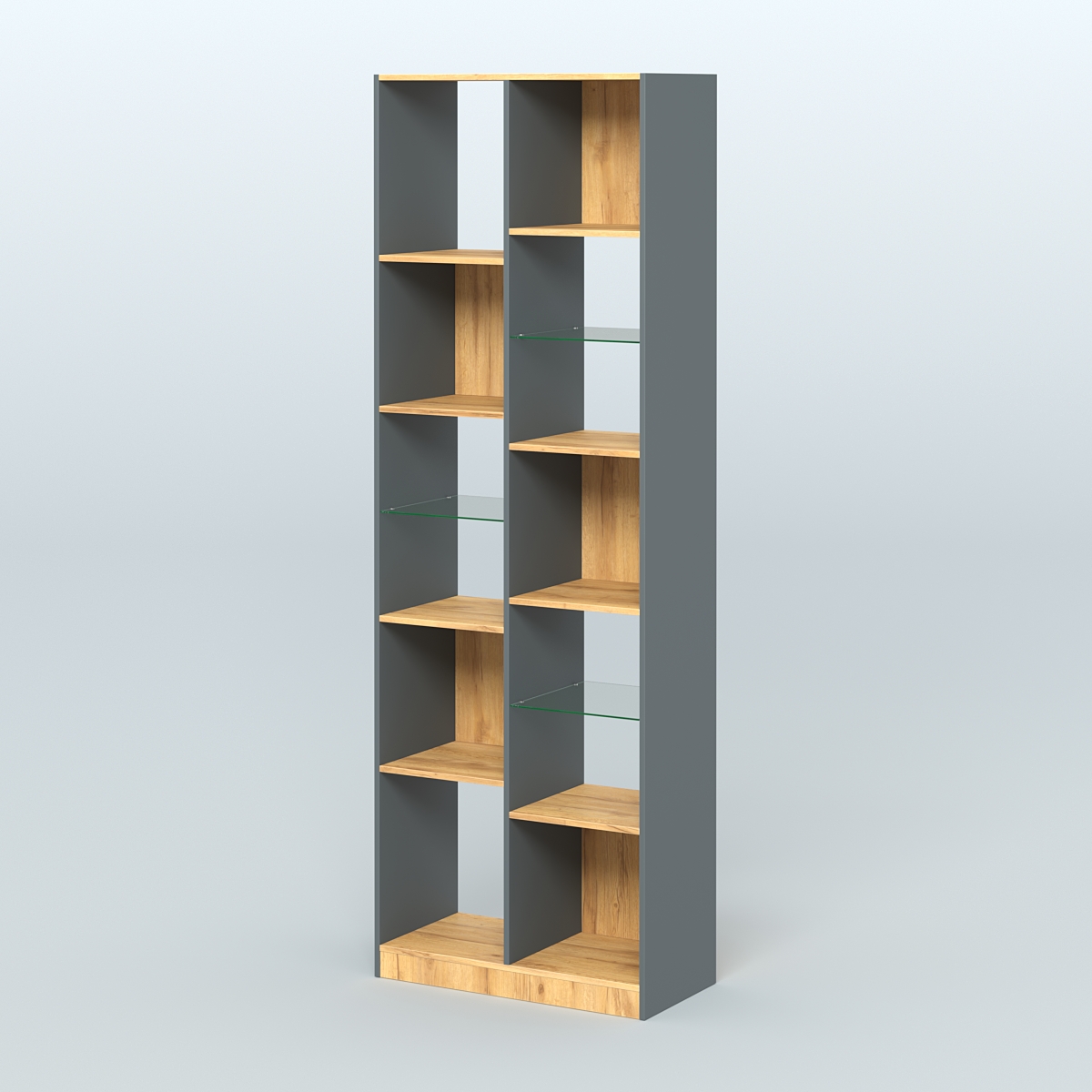 Стеллаж из ДСП серии ЛОФТ №8-3 (зеркальное отражение - Z) с полками стекло 5 мм  Темно-Серый  + Дуб Золотистый