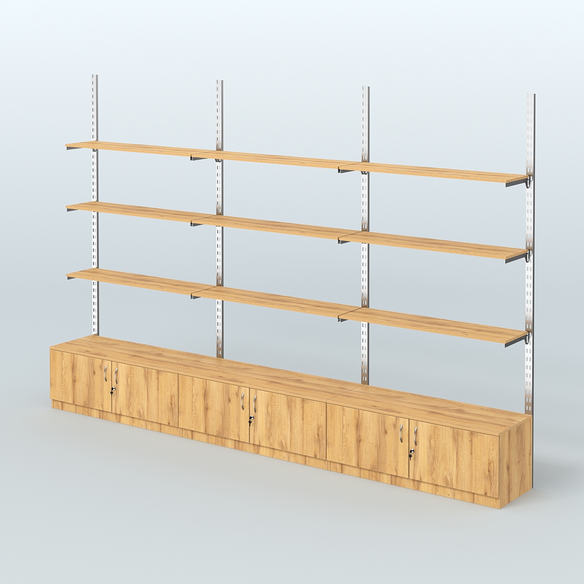 Система ГЛОБАЛ с девятью полками из ДСП и тумбами Т21 №13 (3600 мм) Дуб Золотистый