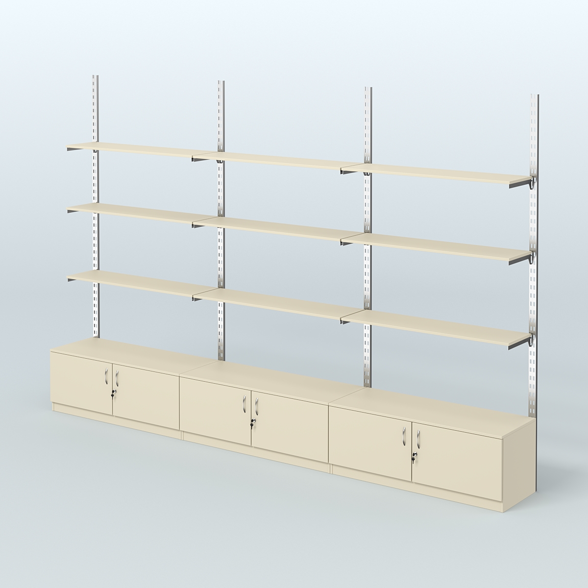 Система ГЛОБАЛ с девятью полками из ДСП и тумбами Т21 №13 (3600 мм) Крем Вайс