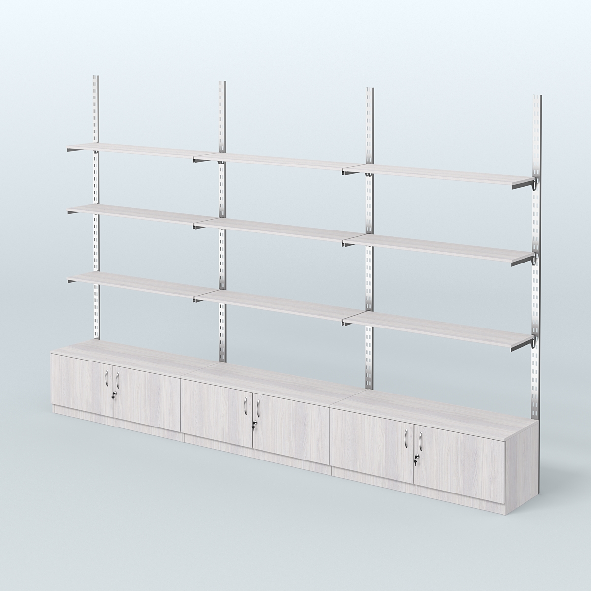 Система ГЛОБАЛ с девятью полками из ДСП и тумбами Т21 №13 (3600 мм) Ясень Анкор светлый