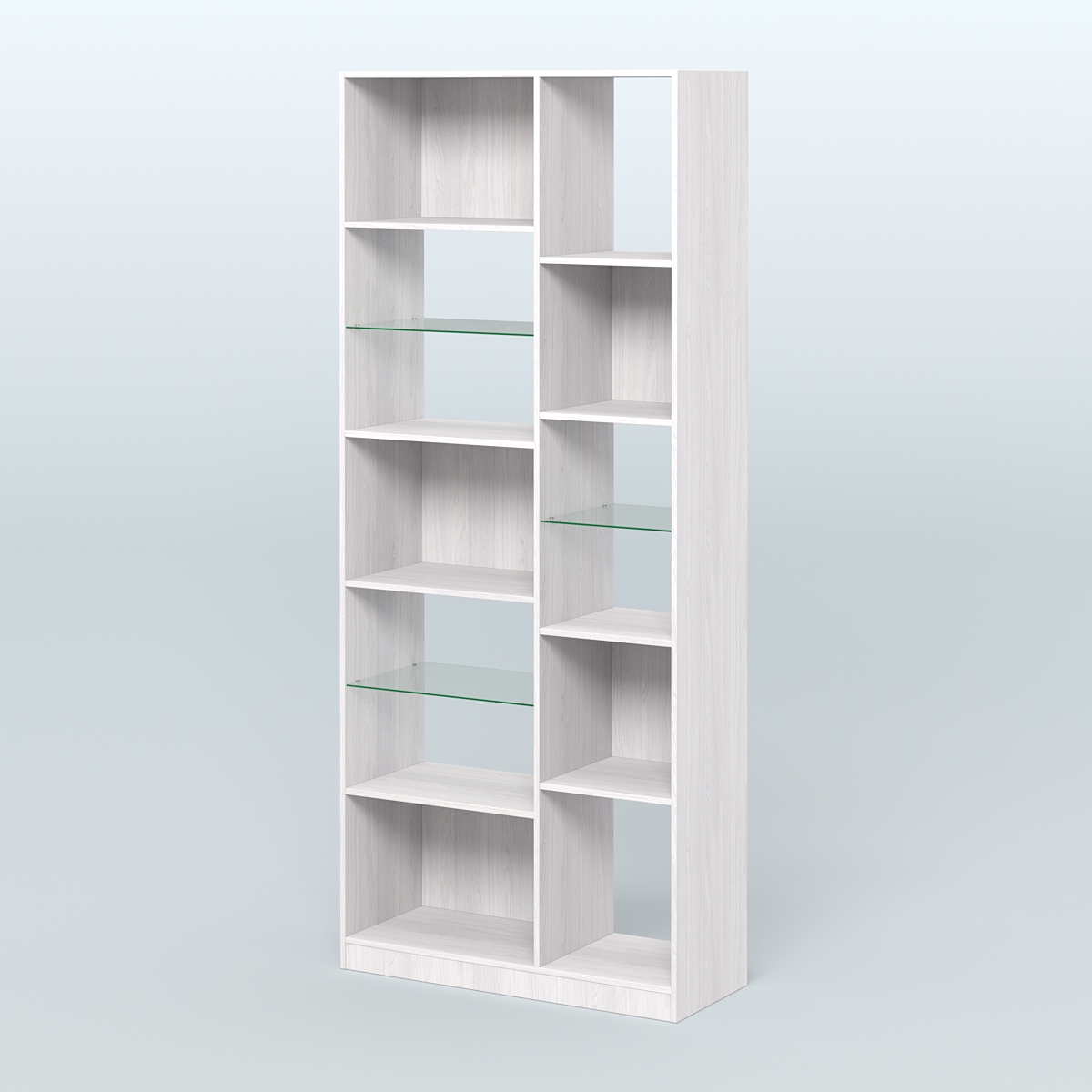 Стеллаж из ДСП серии ЛОФТ №9-3 с полками стекло 5 мм Ясень Анкор светлый