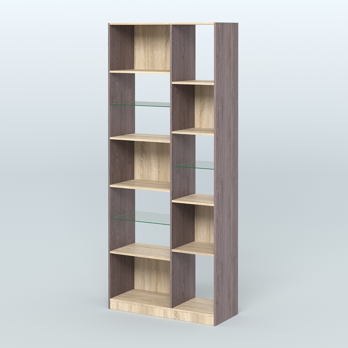 Стеллаж из ДСП серии ЛОФТ №9-3 с полками стекло 5 мм Ясень Анкор темный и Дуб Сонома
