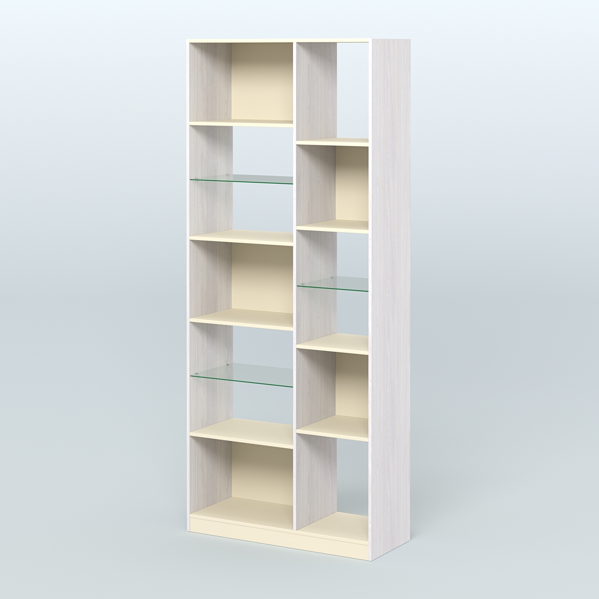 Стеллаж из ДСП серии ЛОФТ №9-3 с полками стекло 5 мм Ясень Анкор светлый и Крем Вайс