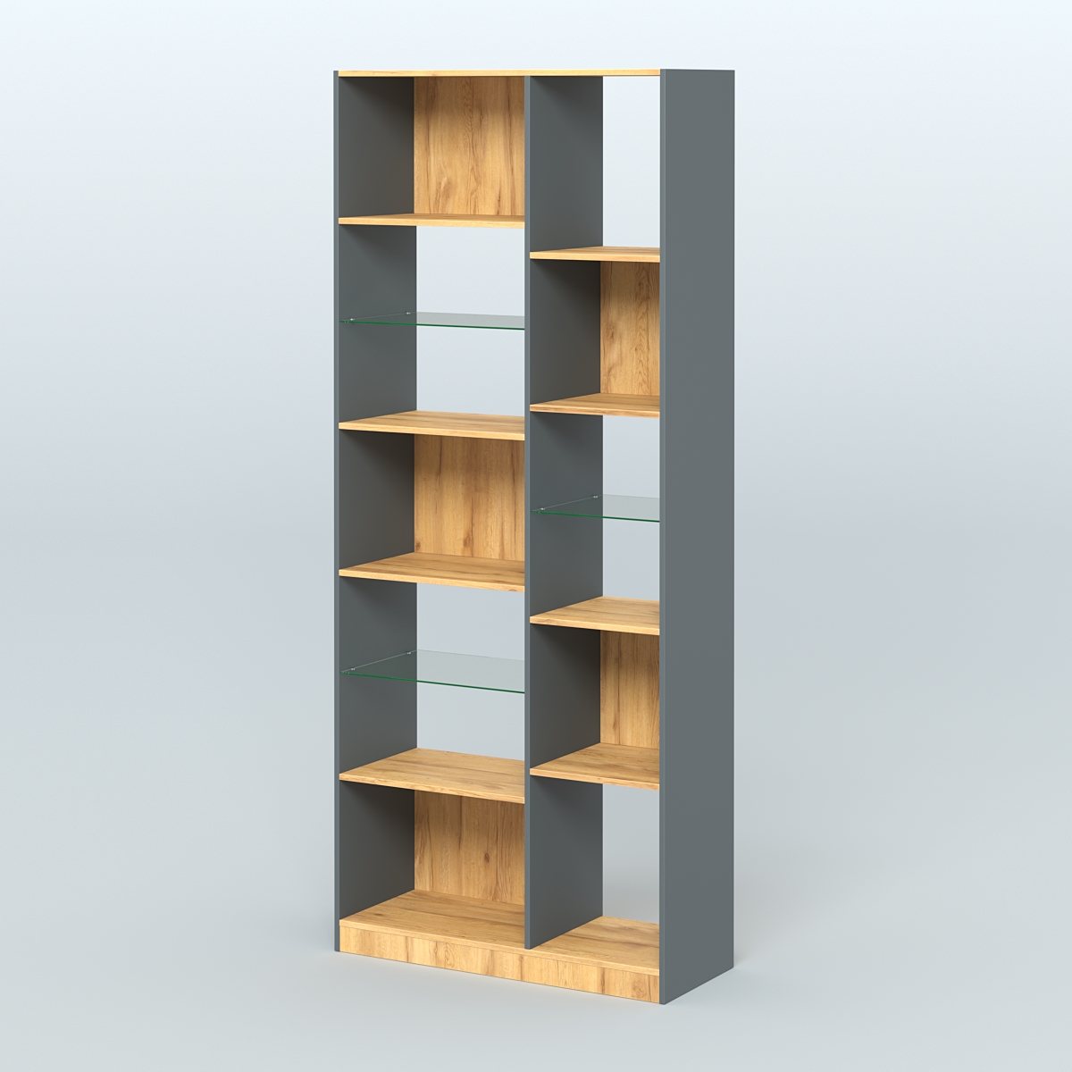 Стеллаж из ДСП серии ЛОФТ №9-3 с полками стекло 5 мм Темно-Серый  + Дуб Золотистый