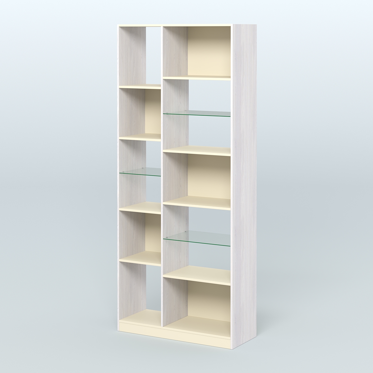 Стеллаж из ДСП серии ЛОФТ №9-3 (зеркальное отражение - Z) с полками стекло 5 мм Ясень Анкор светлый и Крем Вайс