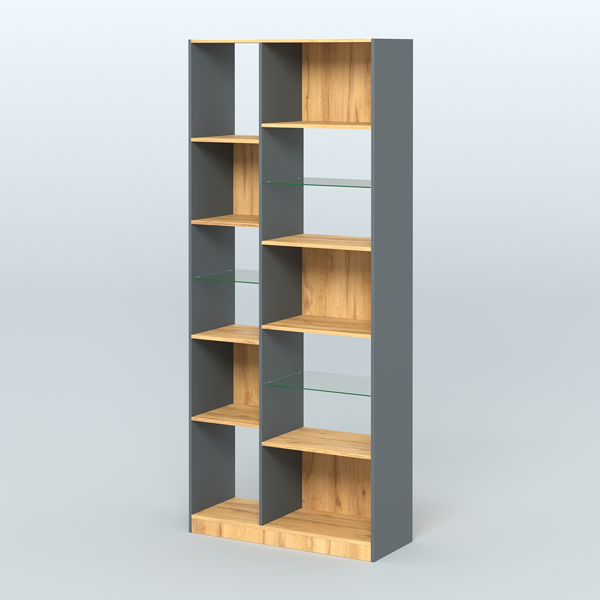 Стеллаж из ДСП серии ЛОФТ №9-3 (зеркальное отражение - Z) с полками стекло 5 мм Темно-Серый  + Дуб Золотистый