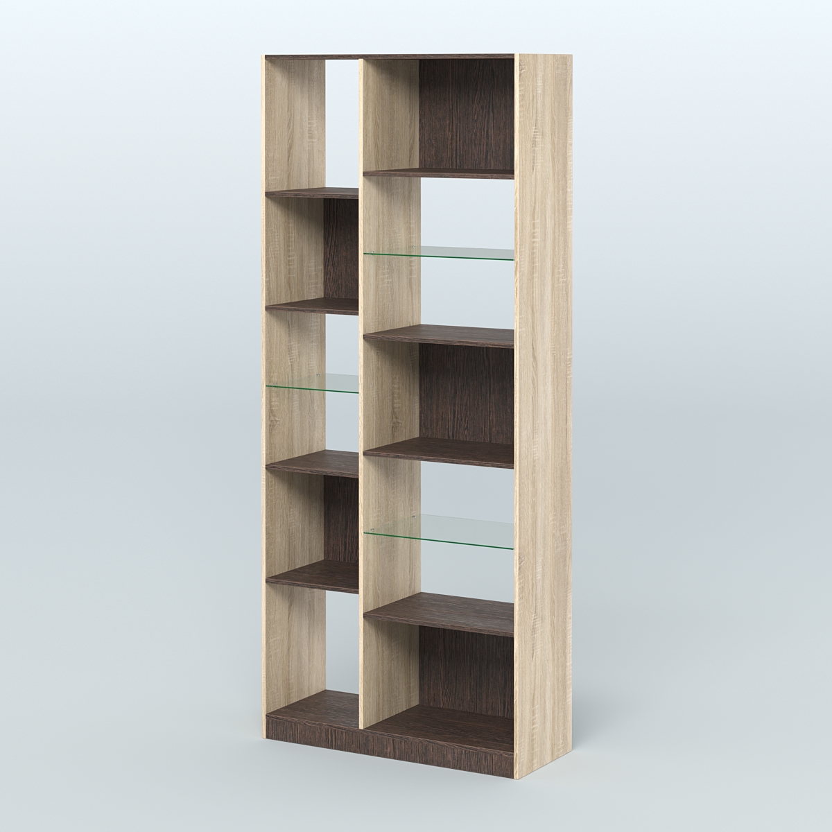 Стеллаж из ДСП серии ЛОФТ №9-3 (зеркальное отражение - Z) с полками стекло 5 мм Дуб Сонома + Дуб Венге