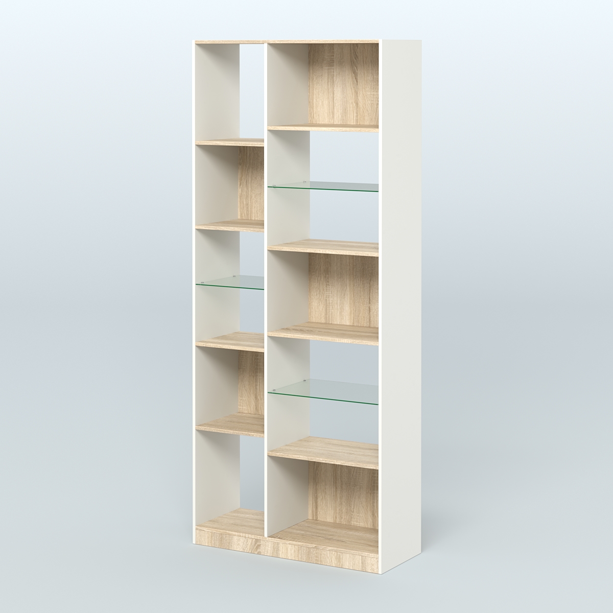Стеллаж из ДСП серии ЛОФТ №9-3 (зеркальное отражение - Z) с полками стекло 5 мм Белый + Дуб Сонома