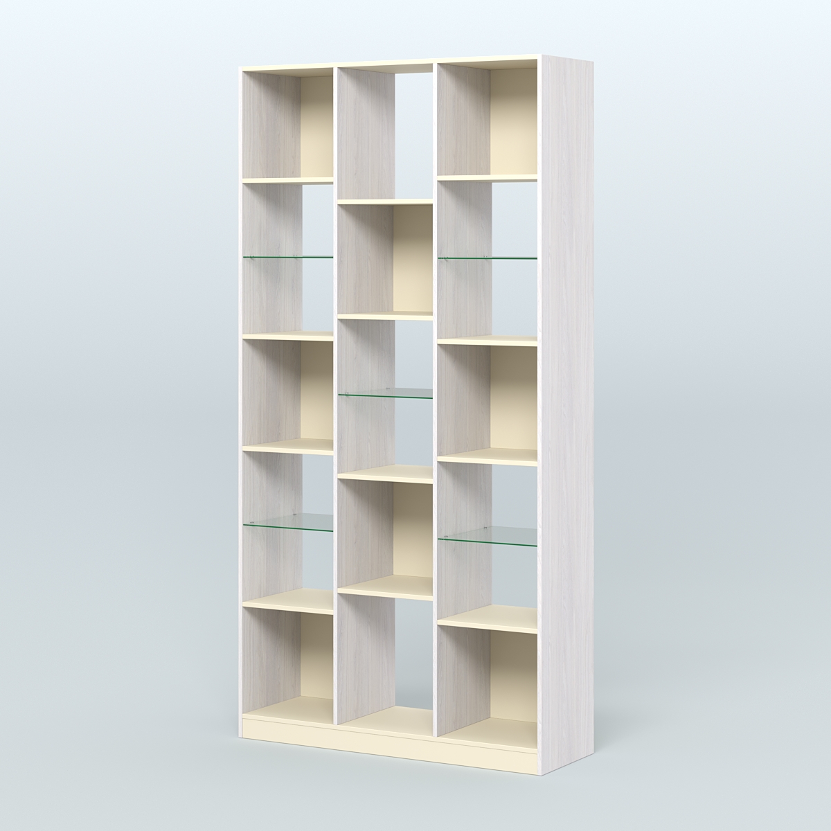 Стеллаж из ДСП серии ЛОФТ №10-3 с полками стекло 5 мм Ясень Анкор светлый и Крем Вайс