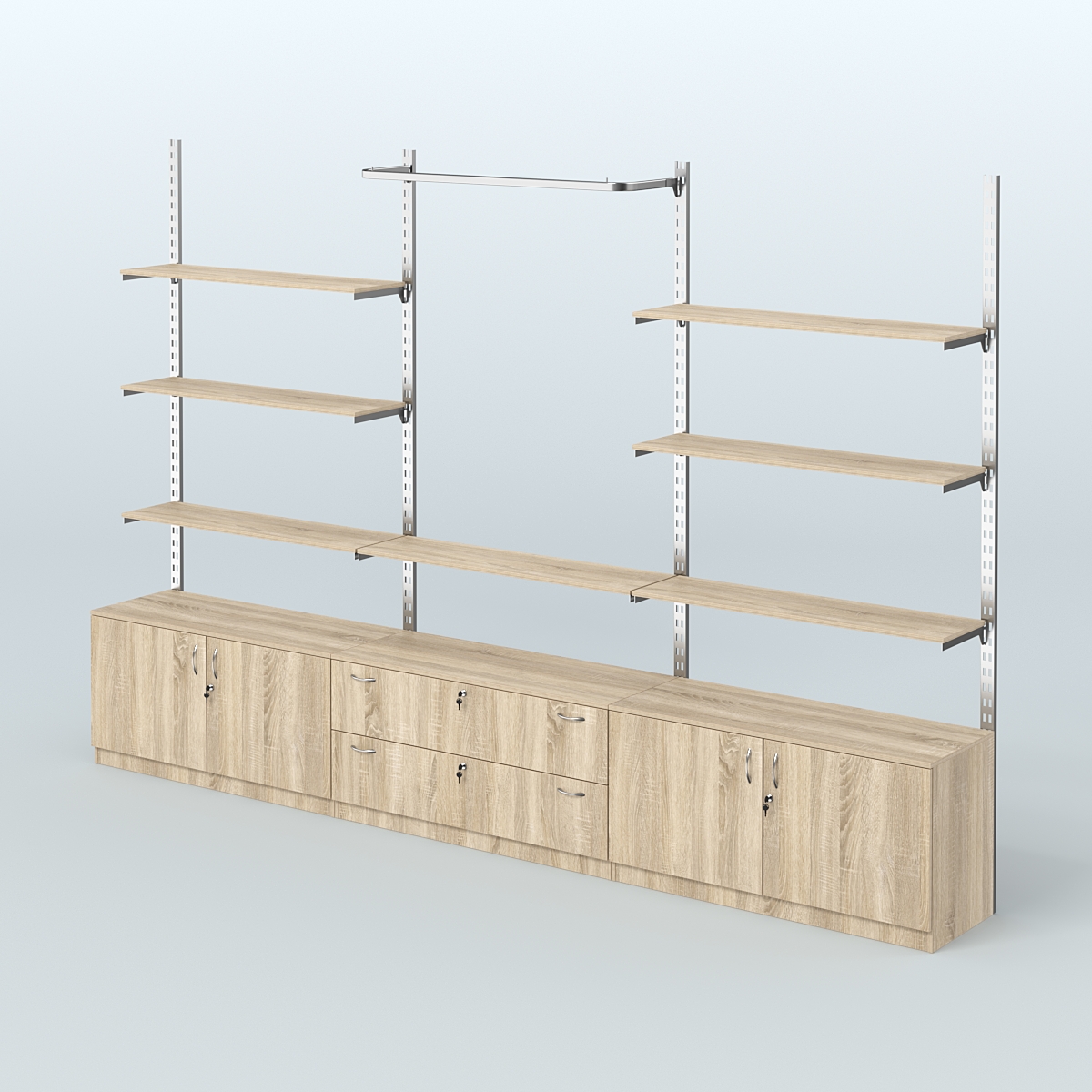 Система ГЛОБАЛ с полками из ДСП, П-образным поручнем и тумбами Т22 и Т12 №10 (3600 мм) Дуб Сонома