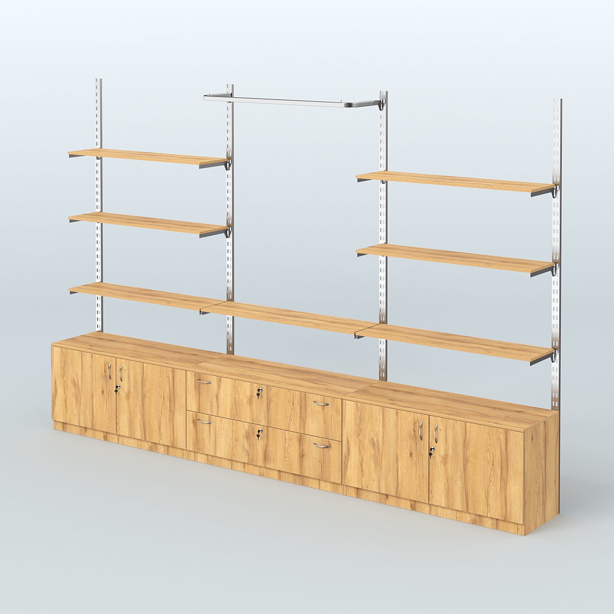 Система ГЛОБАЛ с полками из ДСП, П-образным поручнем и тумбами Т22 и Т12 №10 (3600 мм) Дуб Золотистый