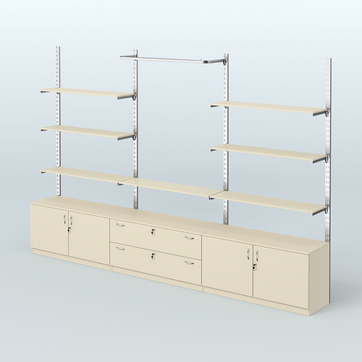 Система ГЛОБАЛ с полками из ДСП, П-образным поручнем и тумбами Т22 и Т12 №10 (3600 мм) Крем Вайс