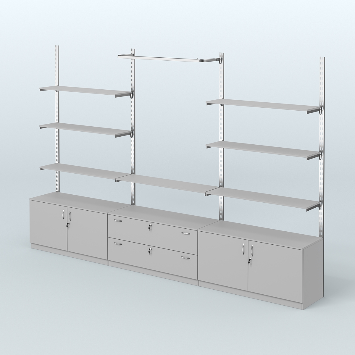 Система ГЛОБАЛ с полками из ДСП, П-образным поручнем и тумбами Т22 и Т12 №10 (3600 мм) Серый