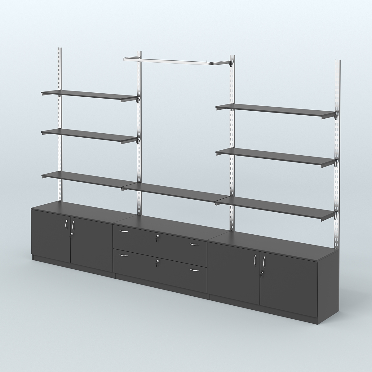 Система ГЛОБАЛ с полками из ДСП, П-образным поручнем и тумбами Т22 и Т12 №10 (3600 мм) Черный