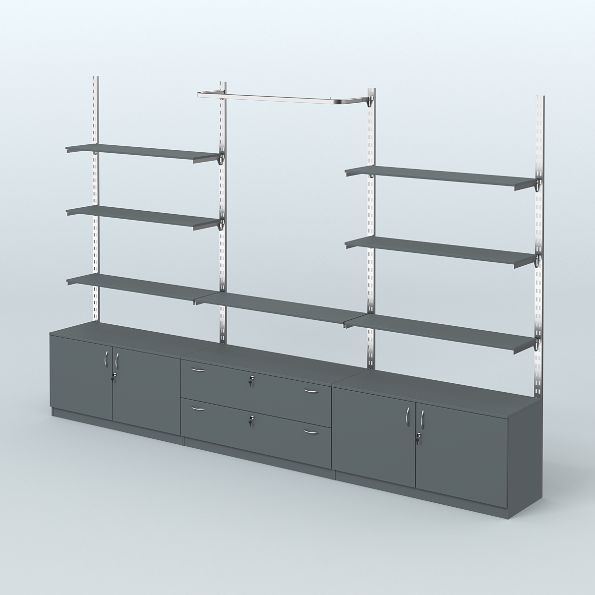 Система ГЛОБАЛ с полками из ДСП, П-образным поручнем и тумбами Т22 и Т12 №10 (3600 мм) Темно-Серый