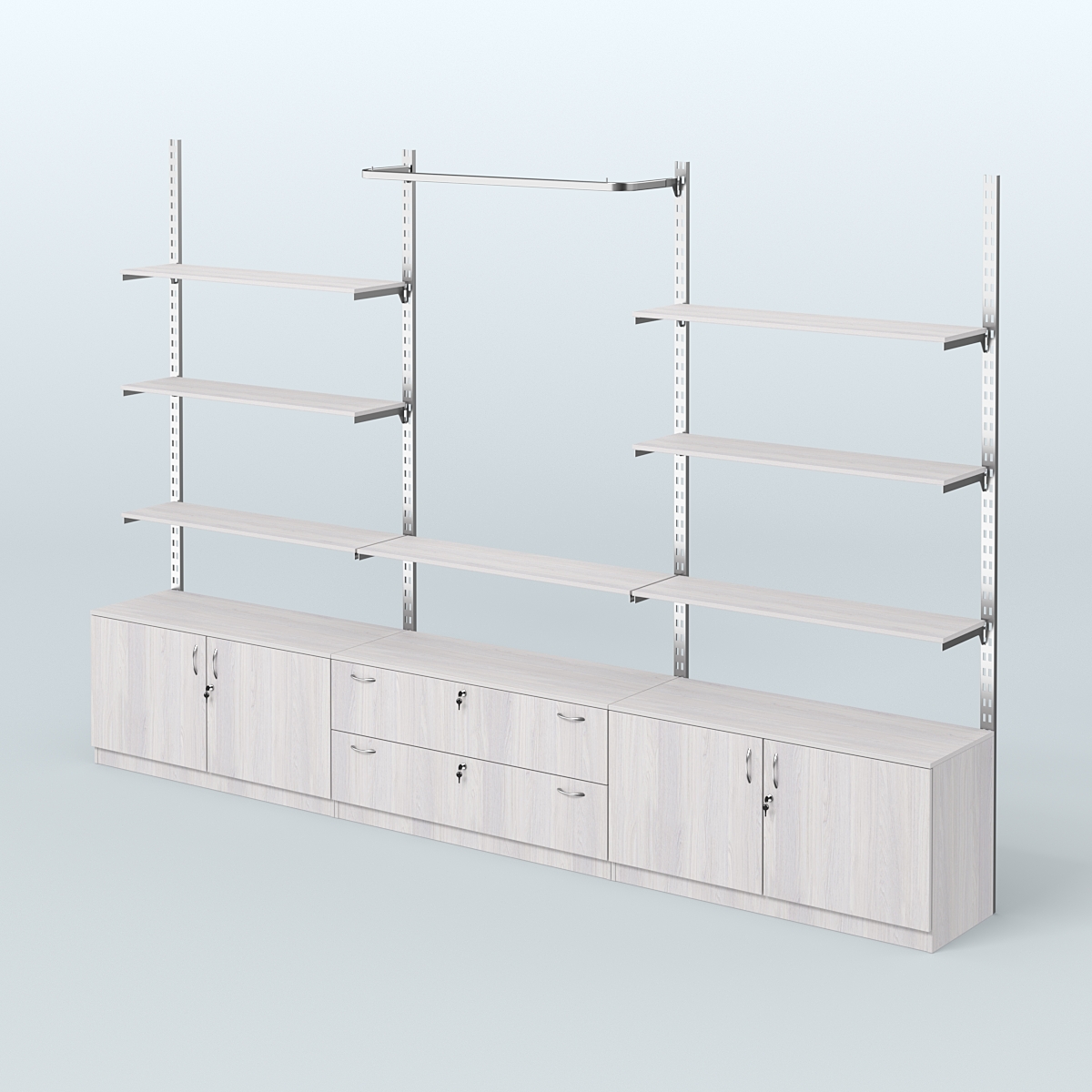 Система ГЛОБАЛ с полками из ДСП, П-образным поручнем и тумбами Т22 и Т12 №10 (3600 мм) Ясень Анкор светлый