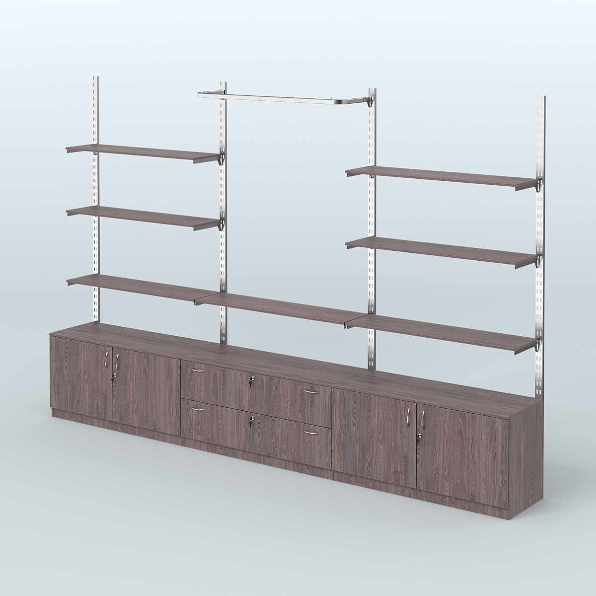 Система ГЛОБАЛ с полками из ДСП, П-образным поручнем и тумбами Т22 и Т12 №10 (3600 мм) Ясень Анкор темный