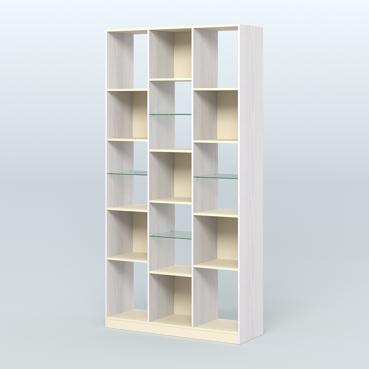 Стеллаж из ДСП серии ЛОФТ №10-3 (зеркальное отражение - Z) с полками стекло 5 мм Ясень Анкор светлый и Крем Вайс