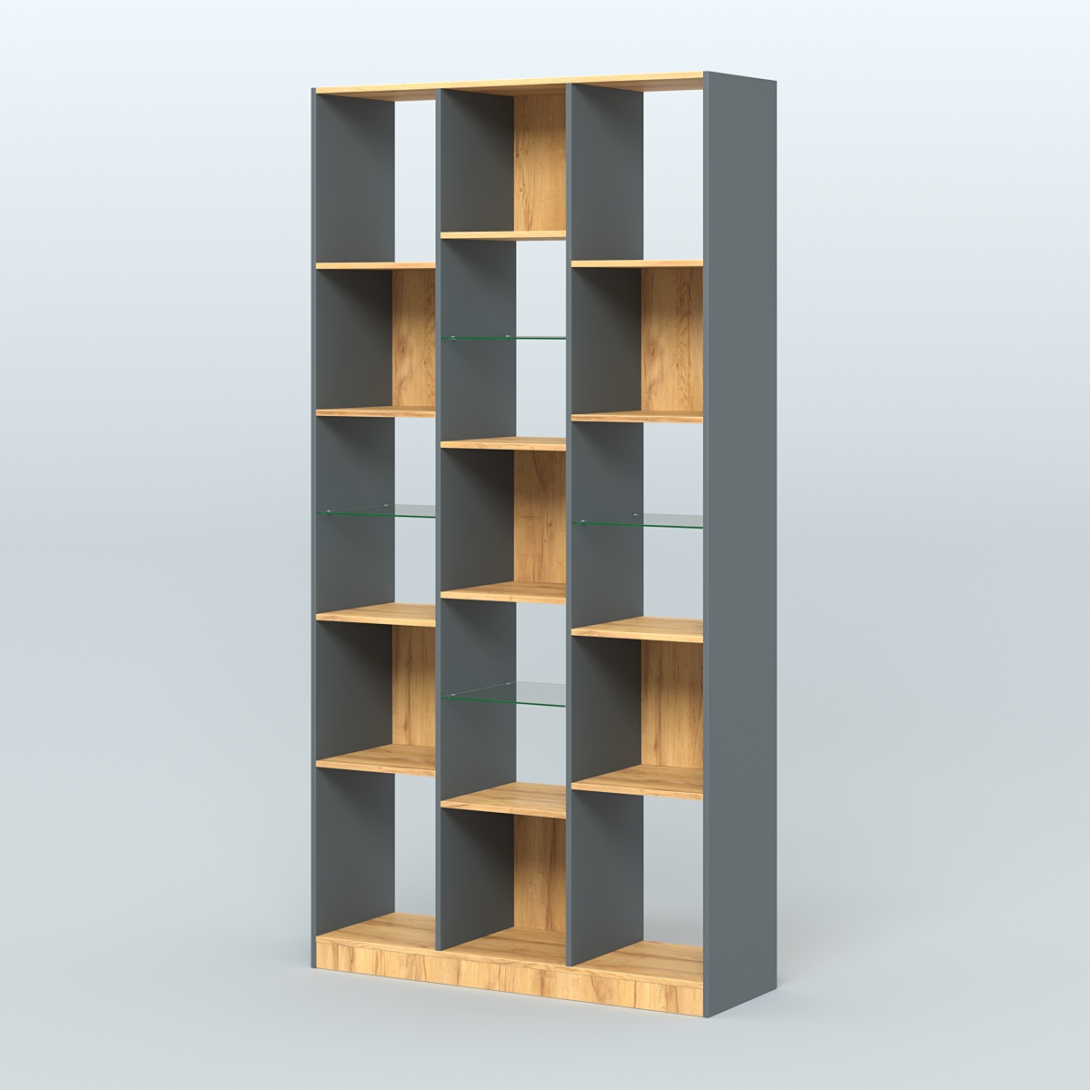 Стеллаж из ДСП серии ЛОФТ №10-3 (зеркальное отражение - Z) с полками стекло 5 мм Темно-Серый  + Дуб Золотистый