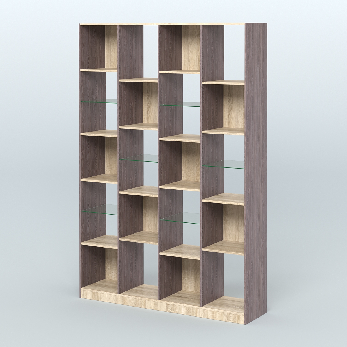 Стеллаж из ДСП серии ЛОФТ №11-3 с полками стекло 5 мм Ясень Анкор темный и Дуб Сонома